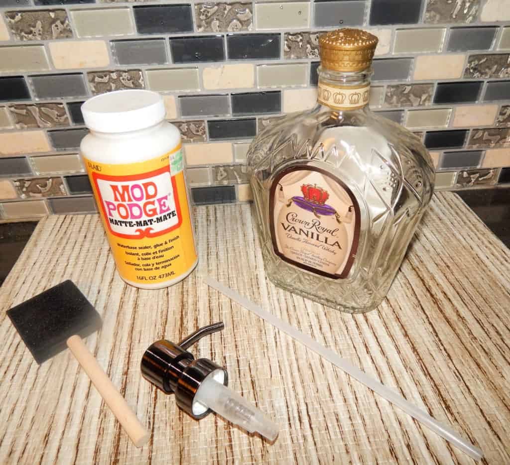 DIY Soap Dispensor - Soap pump with modge podge and liquor bottle