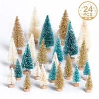 OurWarm 24Pcs Artificial Frosted Sisal Christmas Tree, Bottle Brush Trees with Wood Base DIY Crafts Mini Pine Tree for Christmas Home Table Top Decor Winter Ornaments Green, Gold and Ivory