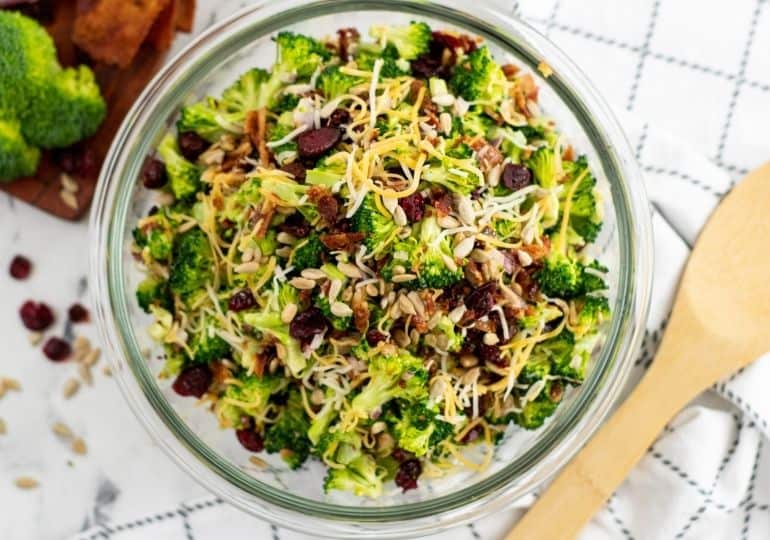 broccoli salad in a bowl on table