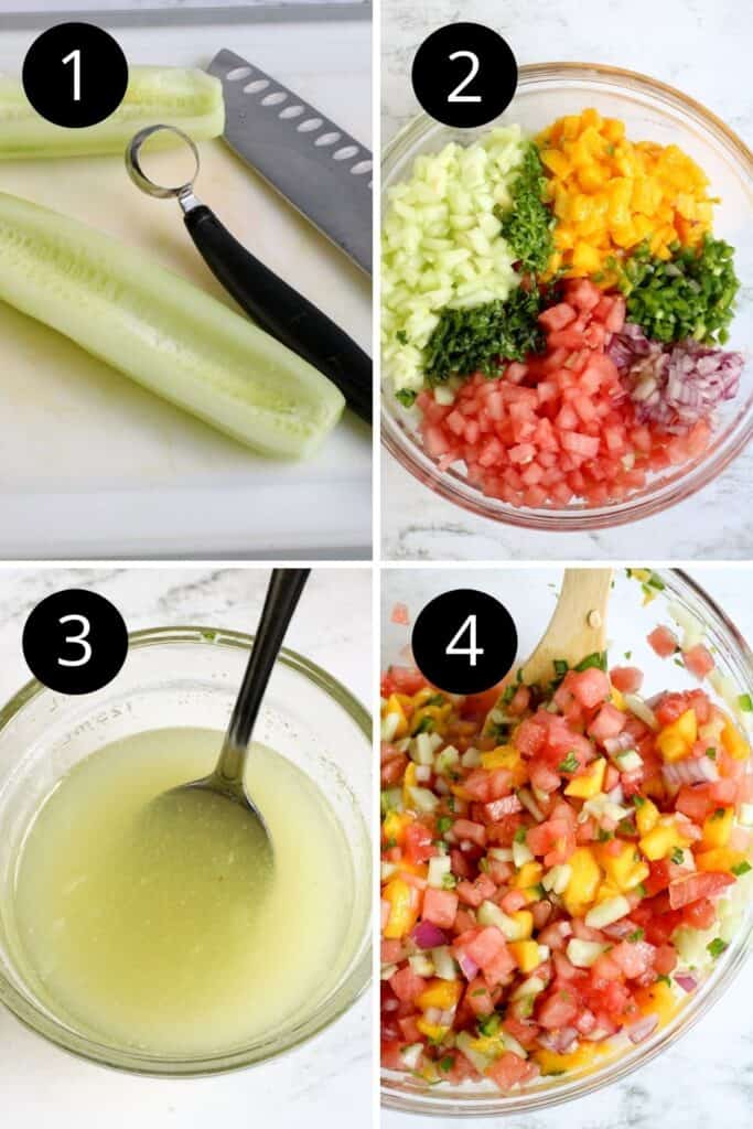 collage of how to make watermelon salsa 