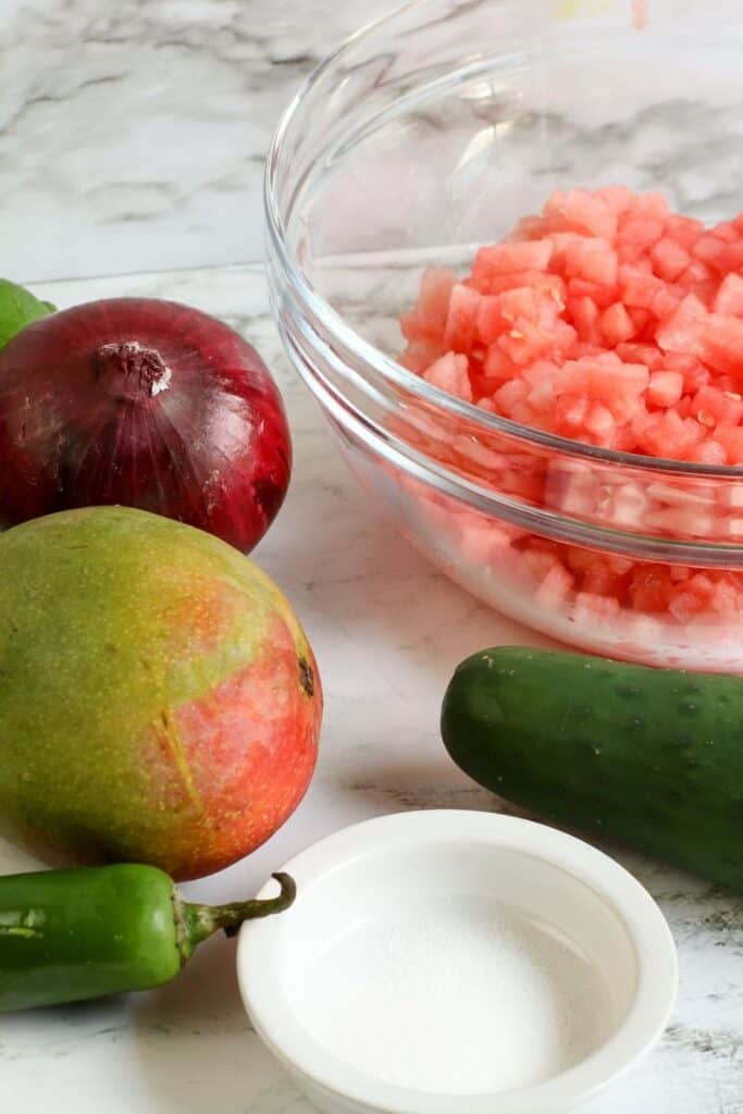 watermelon salsa ingredients on counter 