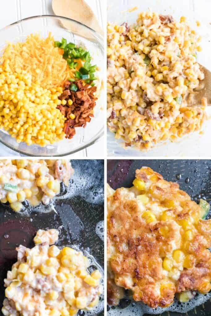 Steps to make cheesy corn fritters.