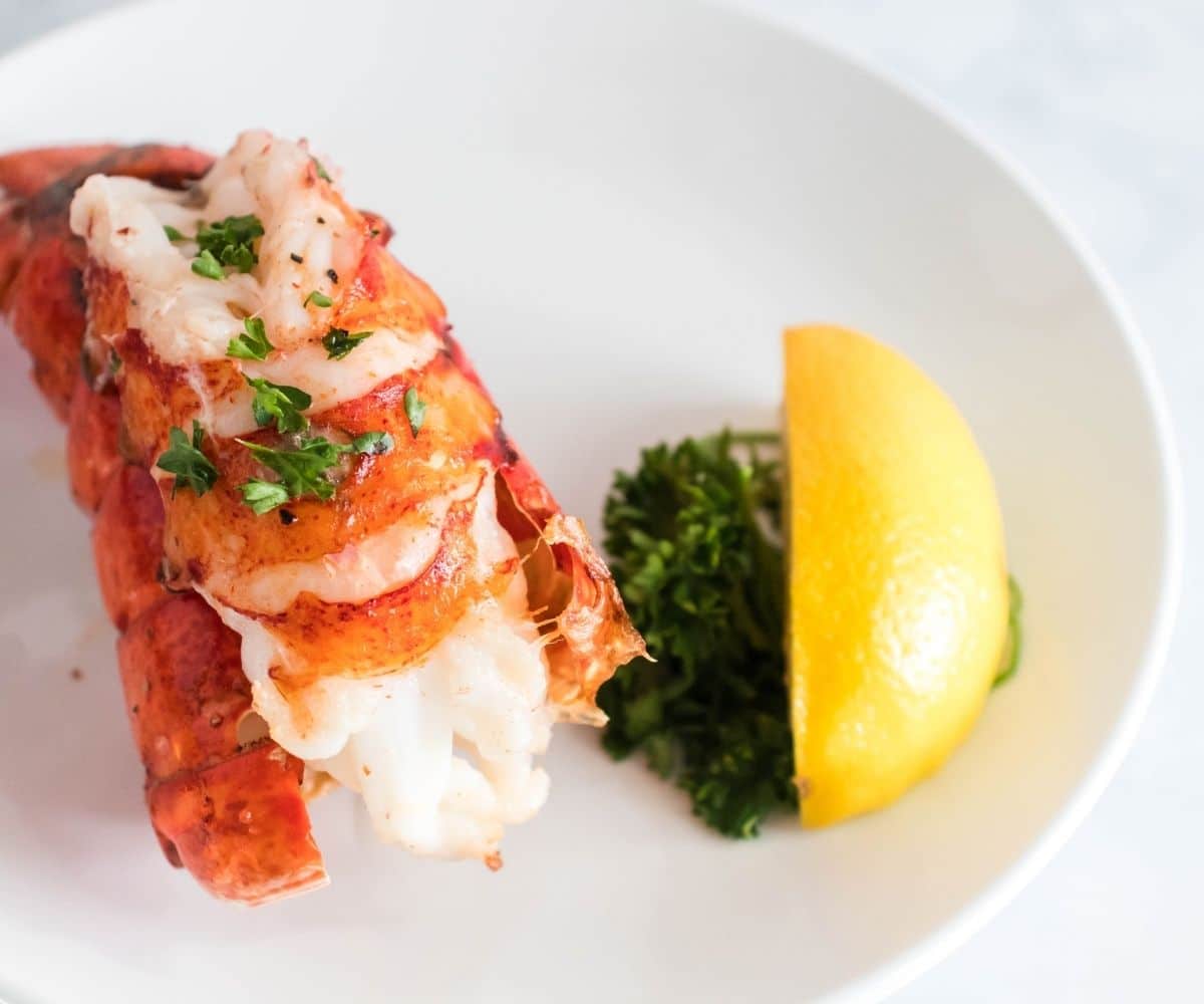 lobster tail on plate with a slice of lemon.