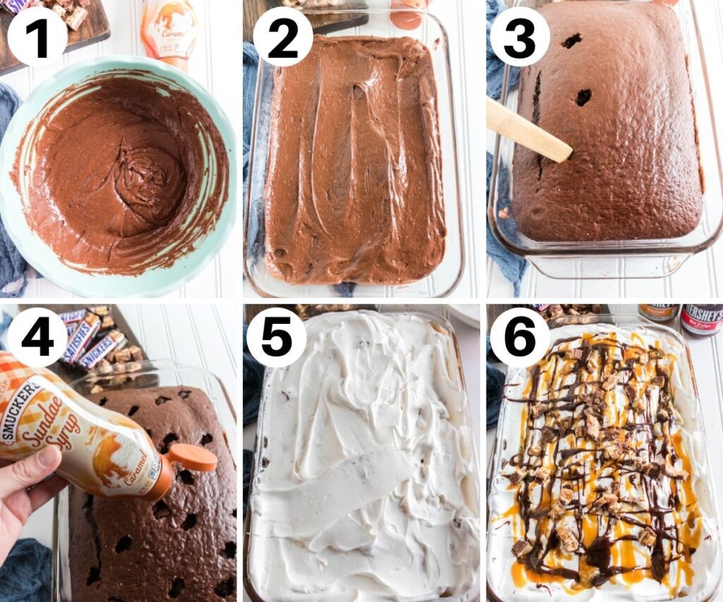 steps to make a snickers poke cake. 