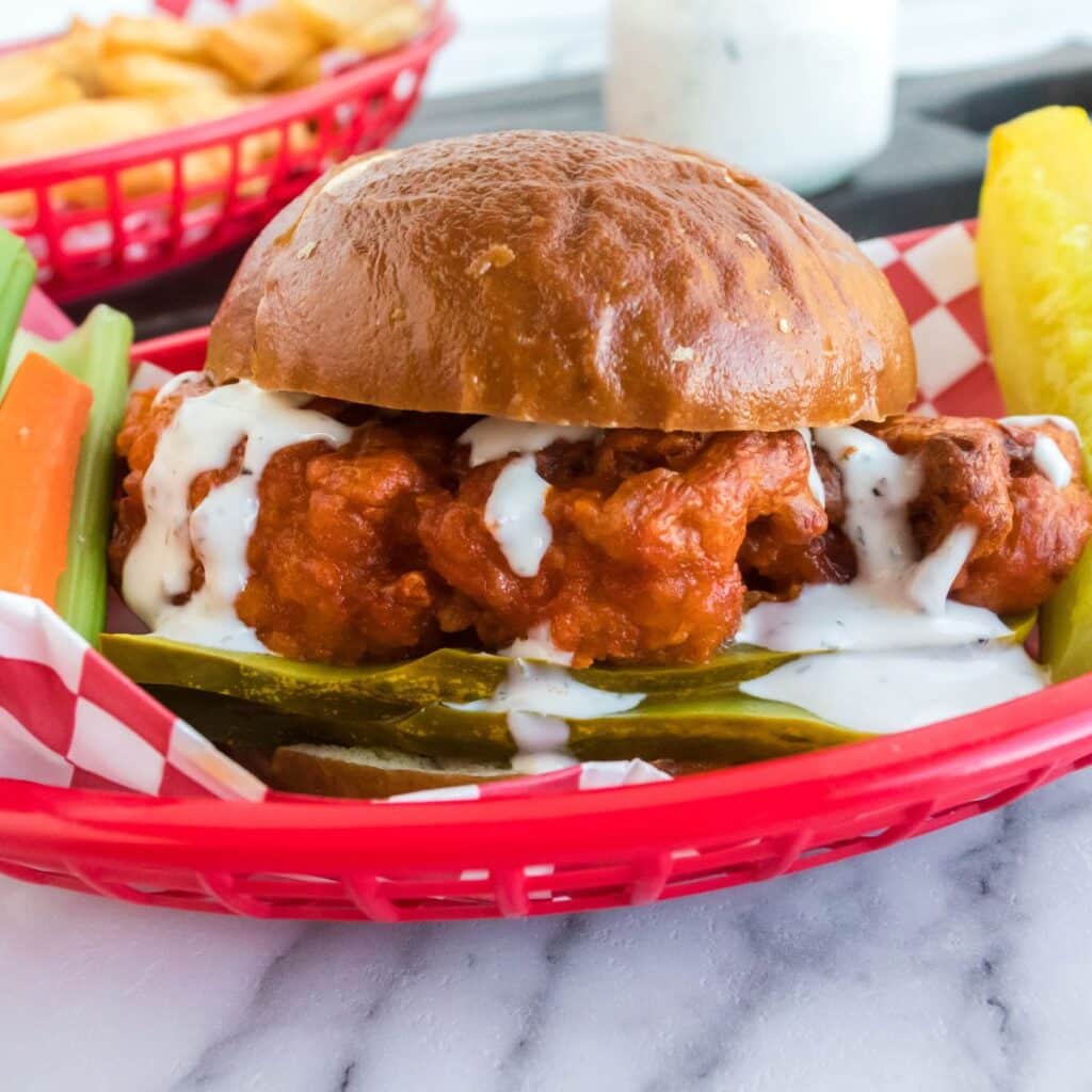 basket with buffalo ranch chicken sandwich