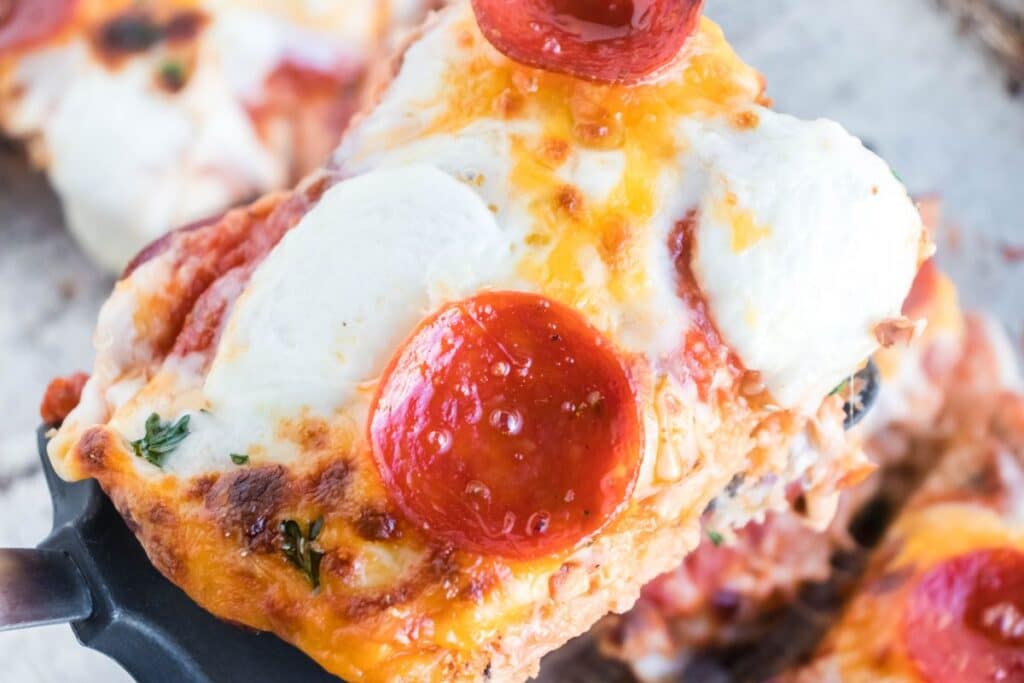 closeup of french bread pizza