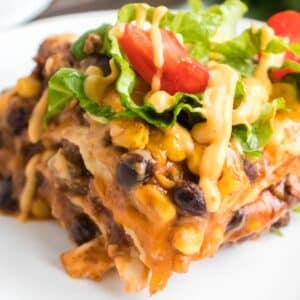 closeup of layered enchilada casserole