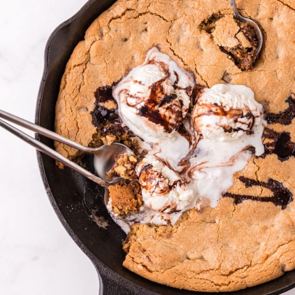 chocolate chip cookie in a skillet