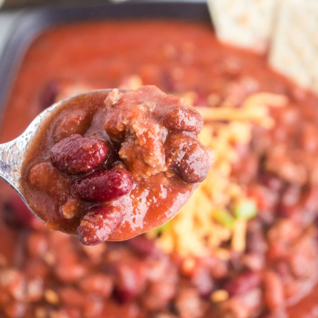spoon with stove top chili