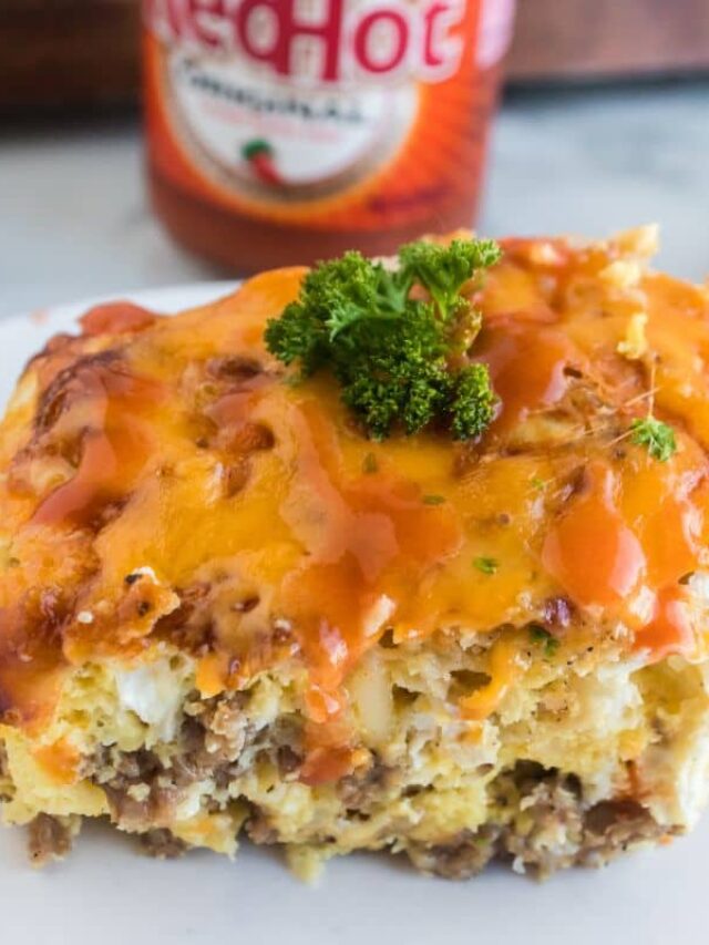 breakfast casserole on a white plate