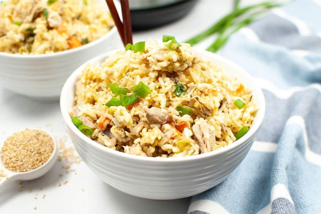 bowl with chicken fried rice