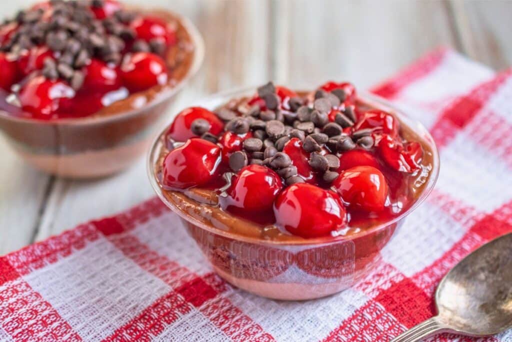 black forest cheesecakes in bowls